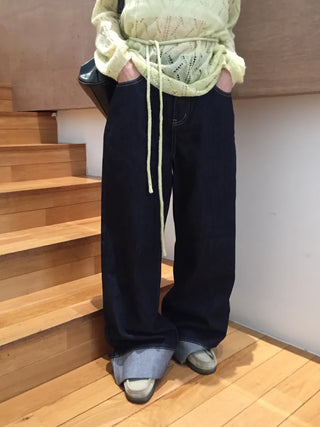 Dark Blue Wide Rolled-Up Denim Pants