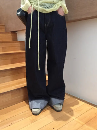 Dark Blue Wide Rolled-Up Denim Pants