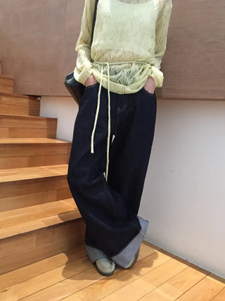 Dark Blue Wide Rolled-Up Denim Pants