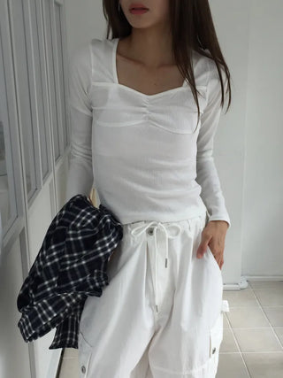 Shirred Square Neck Ribbed Long Sleeve Tee
