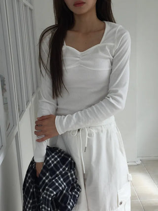 Shirred Square Neck Ribbed Long Sleeve Tee