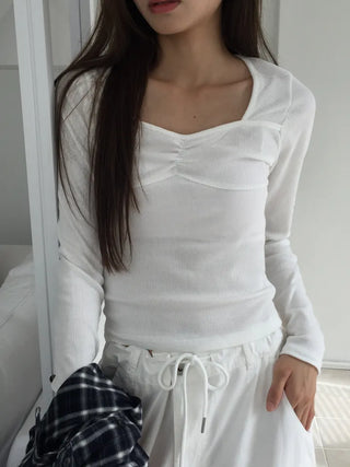 Shirred Square Neck Ribbed Long Sleeve Tee