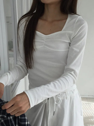 Shirred Square Neck Ribbed Long Sleeve Tee