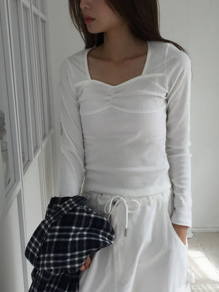 Shirred Square Neck Ribbed Long Sleeve Tee
