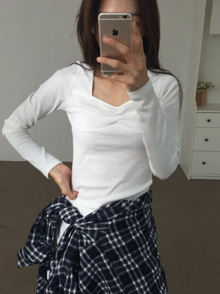 Shirred Square Neck Ribbed Long Sleeve Tee