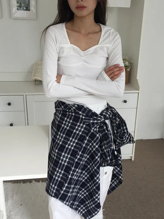 Shirred Square Neck Ribbed Long Sleeve Tee