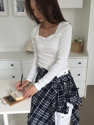 Shirred Square Neck Ribbed Long Sleeve Tee