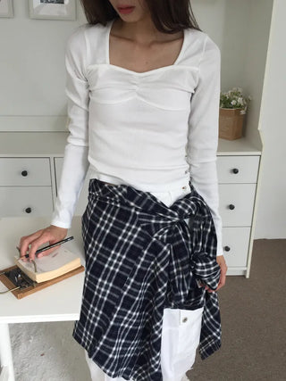Shirred Square Neck Ribbed Long Sleeve Tee