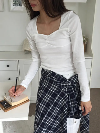 Shirred Square Neck Ribbed Long Sleeve Tee
