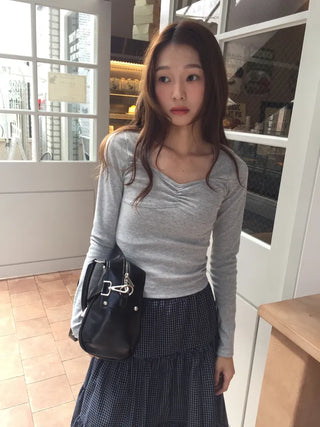 Shirred Square Neck Ribbed Long Sleeve Tee