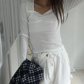 Shirred Square Neck Ribbed Long Sleeve Tee