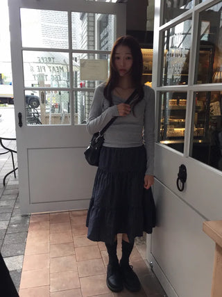 Shirred Square Neck Ribbed Long Sleeve Tee