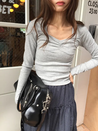 Shirred Square Neck Ribbed Long Sleeve Tee