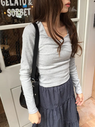 Shirred Square Neck Ribbed Long Sleeve Tee
