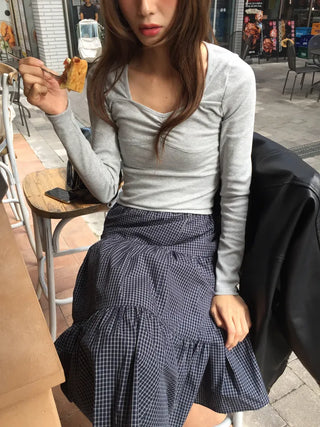 Shirred Square Neck Ribbed Long Sleeve Tee