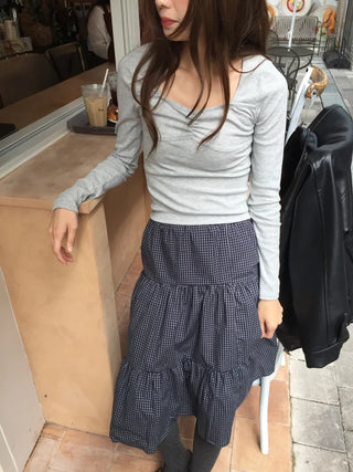 Shirred Square Neck Ribbed Long Sleeve Tee