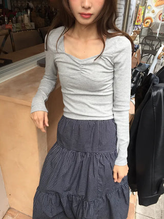 Shirred Square Neck Ribbed Long Sleeve Tee