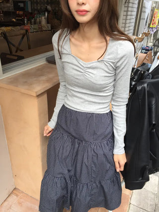 Shirred Square Neck Ribbed Long Sleeve Tee