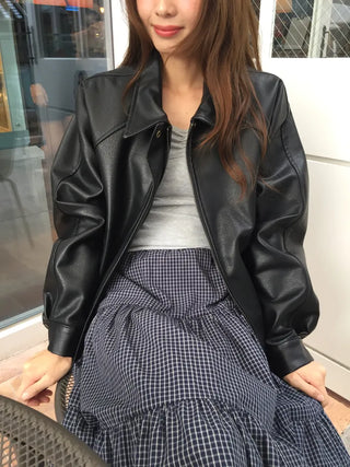 Loose-fit Black Leather Blouson Jacket