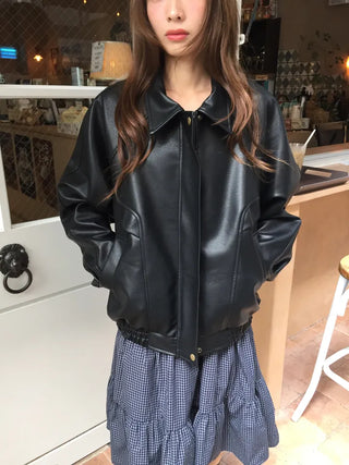 Loose-fit Black Leather Blouson Jacket