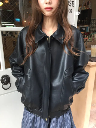 Loose-fit Black Leather Blouson Jacket