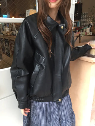 Loose-fit Black Leather Blouson Jacket