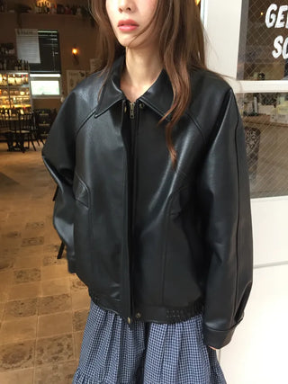 Loose-fit Black Leather Blouson Jacket