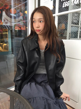 Loose-fit Black Leather Blouson Jacket