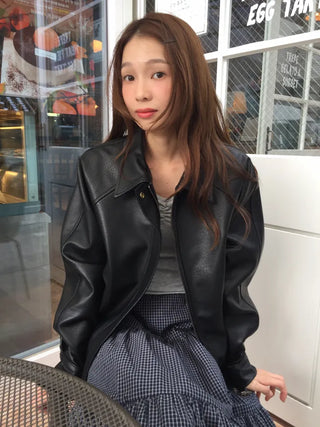 Loose-fit Black Leather Blouson Jacket