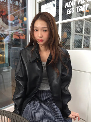 Loose-fit Black Leather Blouson Jacket