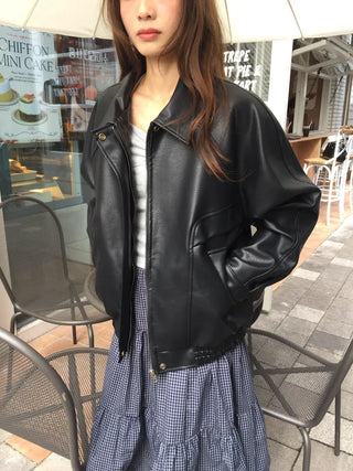 Loose-fit Black Leather Blouson Jacket