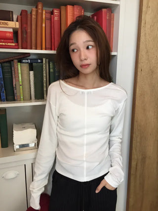 Collarbone line delicate fit reverse back open T-shirt