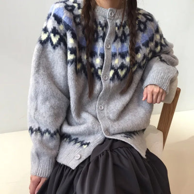 Cozy Nordic Loose Fit Cardigan, Warm Winter Daily Look Knit Cardigan