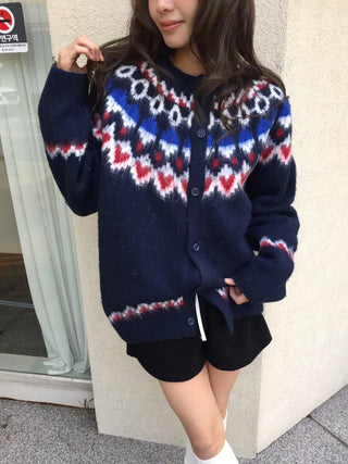 Cozy Nordic Loose Fit Cardigan, Warm Winter Daily Look Knit Cardigan