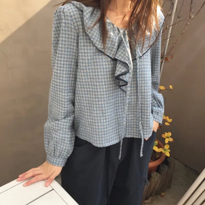 Sensual Check Frill Blouse  Loose Fit Effortlessly Chic Top