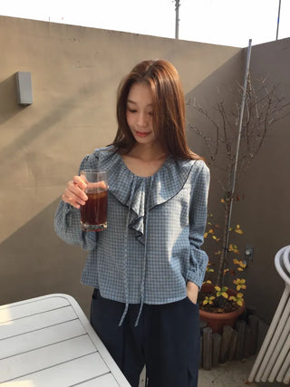 Sensual Check Frill Blouse  Loose Fit Effortlessly Chic Top