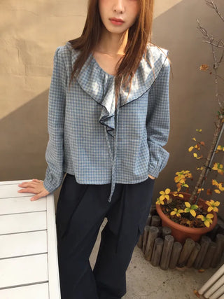 Sensual Check Frill Blouse  Loose Fit Effortlessly Chic Top