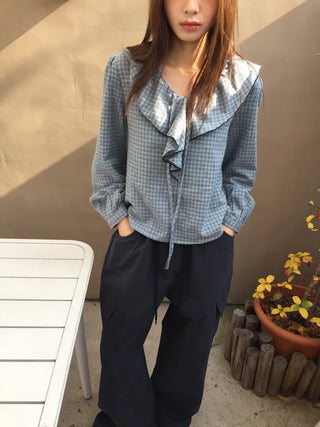 Sensual Check Frill Blouse  Loose Fit Effortlessly Chic Top