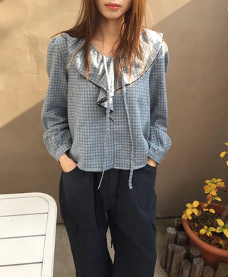 Sensual Check Frill Blouse  Loose Fit Effortlessly Chic Top