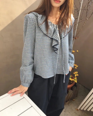 Sensual Check Frill Blouse  Loose Fit Effortlessly Chic Top