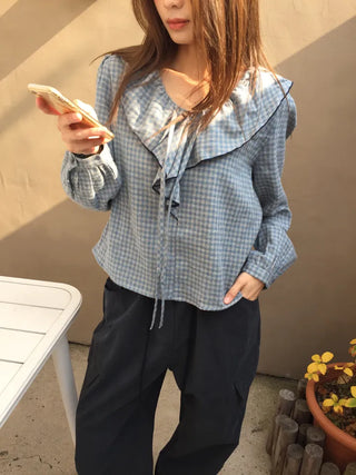 Sensual Check Frill Blouse  Loose Fit Effortlessly Chic Top