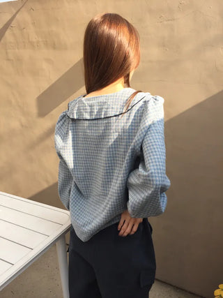 Sensual Check Frill Blouse  Loose Fit Effortlessly Chic Top