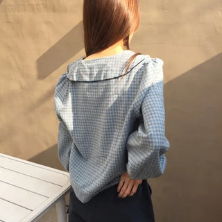 Sensual Check Frill Blouse  Loose Fit Effortlessly Chic Top