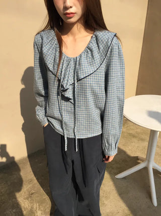 Sensual Check Frill Blouse  Loose Fit Effortlessly Chic Top