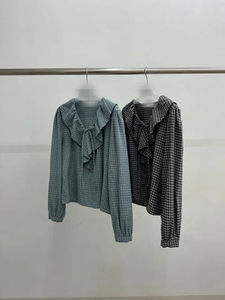 Sensual Check Frill Blouse  Loose Fit Effortlessly Chic Top