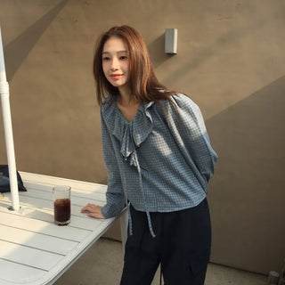 Sensual Check Frill Blouse  Loose Fit Effortlessly Chic Top