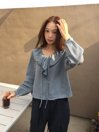 Sensual Check Frill Blouse  Loose Fit Effortlessly Chic Top
