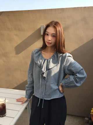 Sensual Check Frill Blouse  Loose Fit Effortlessly Chic Top