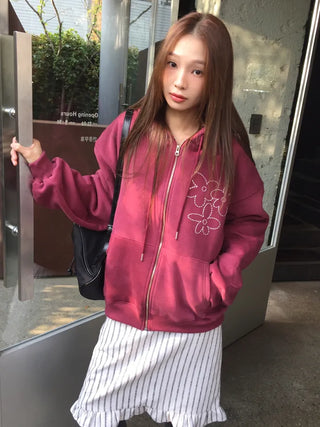 Red hoodie that brightens up your face with floral embroidery details