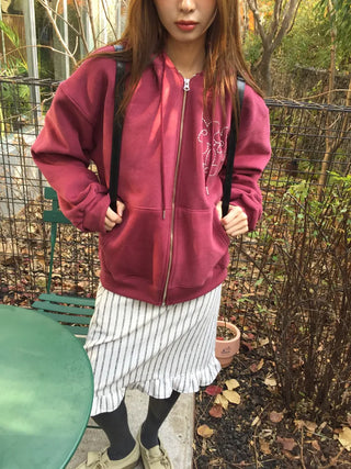 Red hoodie that brightens up your face with floral embroidery details